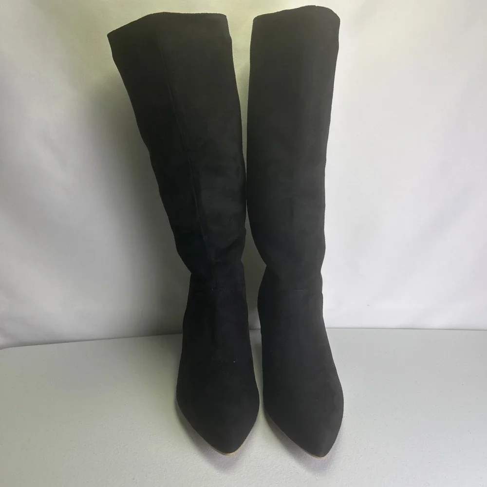 Coutgo Black Suede Knee High Boots Size 8.5 NIB Pointed Toe Kitten‎ Heel